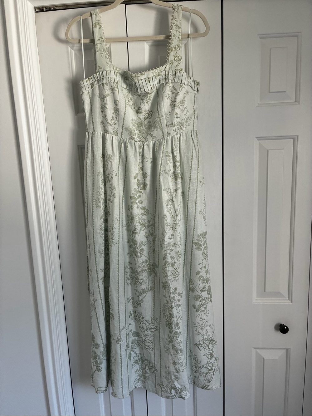 Caroline Constas Floral Toile, Faux Pearl-Trim Midi/Maxi Dress in Sage and Cream